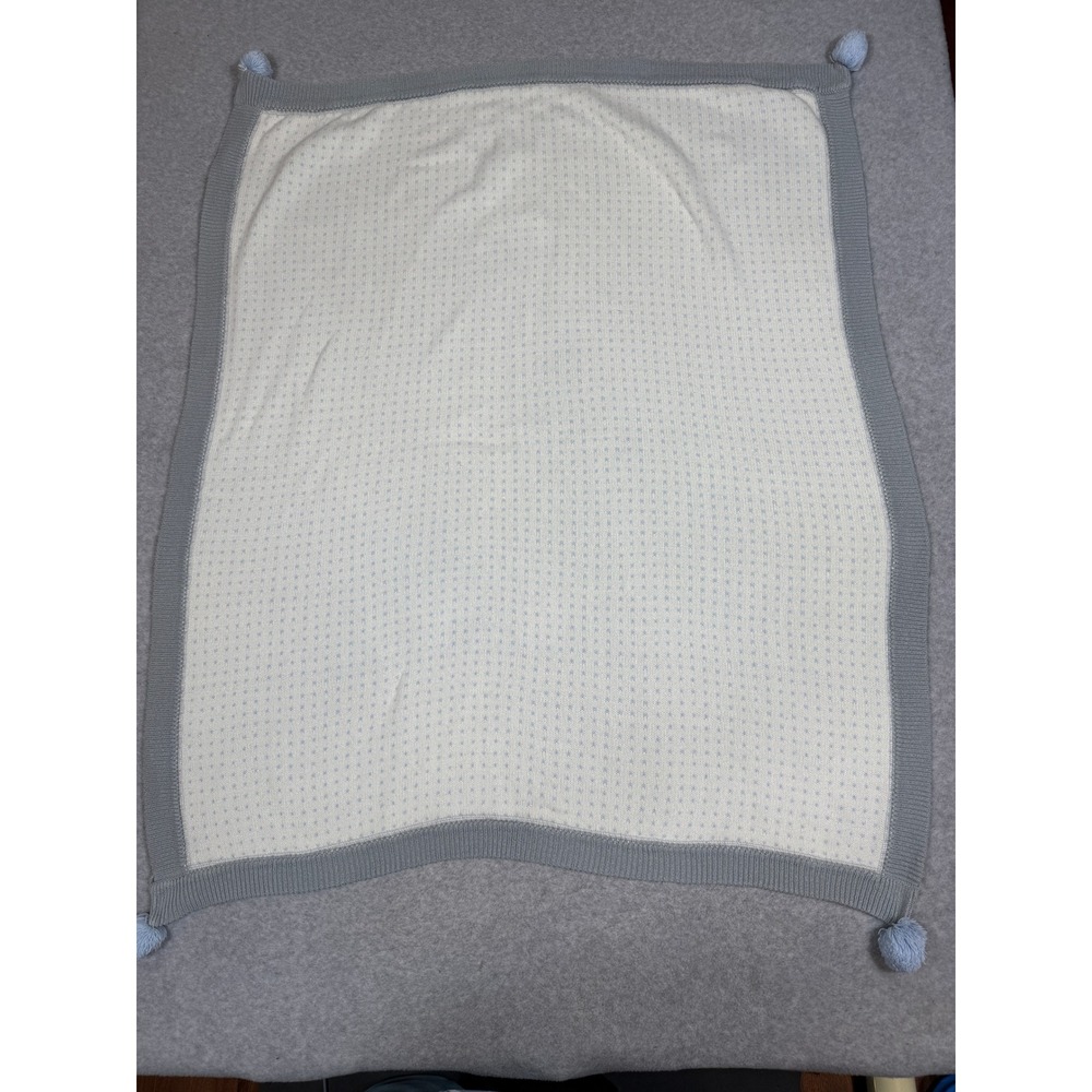 Pottery Barn Kids Blue White Knit Heart Pom Pom Baby Blanket 30x40 Cotton Blend